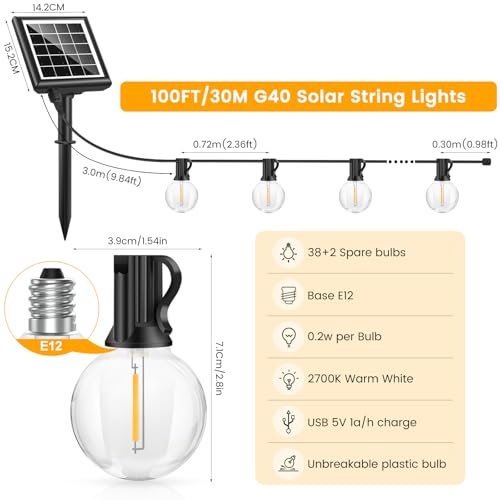 Light-Brightly 30M Solar Lichterkette Außen Strom: 38+2 LED Glühbirnen Outdoor Lichterketten Wetterfest Dimmbar Warmweiß Retro Lights Aussen Dekoration für Halloween Hochzeit Party Pavillon Balkon