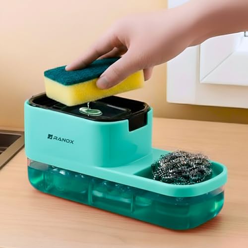 Image of Ranox Soap Dispenser for Kitchen Sink Accessories, Dish Wash Liquid Dispenser Pump 400ml with Sponge Holder, Bathroom Soap Dispensers, Kitchen Sink Organizer (Rama Green (Dual Dishwasher))