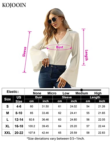 Kojooin Women Deep V Neck Blouse Long Flared Sleeve Tops Button Front Dressy Casual Shirts Top Beige #TOP5