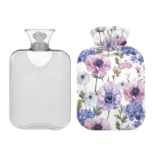 Classic Hot Water Bottle with Cover, 2L Winter Hot Water Bag for Tummy Cramps Neck and Shoulder Waist Pain Relief, Hand Feet Bed Warmer, Watercolor Purple Floral