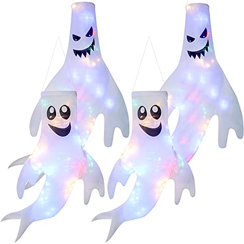 Tegeme 4 Pieces Halloween Ghost Windsocks Decoration Hanging Windsocks Flag with Led Light Halloween Outdoor Decor for Yard Patio Lawn Porch Garden Trees Party Supplies