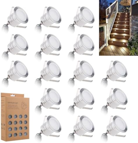 16 Pack Recessed LED Deck Light Kits, 32mm Warm White, IP67 Waterproof 12V Low Voltage Deck Lighting for Garden, Patio, Step, Stair, Yard, Floor