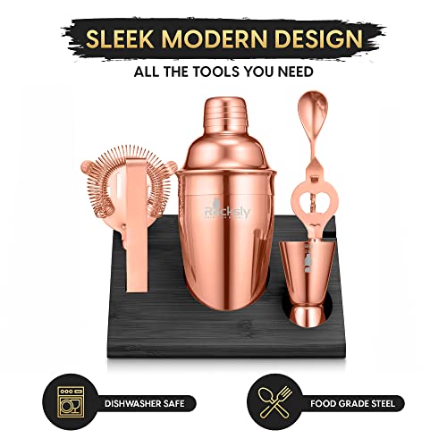 Rocksly Mixology Bartender Kit And Cocktail Shaker Set For Drink Mixing | Mixology Set With 6 Bar Set Tools And Bamboo Stand Makes It The Perfect Home Cocktail Kit | Complete Bartender Kit (Copper) #TOP1