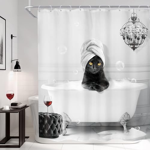 Imirell Funny Black Cat Shower Curtain 60Wx72H Inches Black and White Cute Kitten Animal in Bathtub Bubble Fun Lovely Elegant Gifts for Catlover Fabric Waterproof Polyester with 12 Pack Hooks Plastic