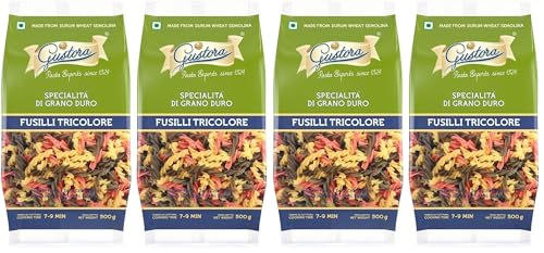 Image of Gustora Fusilli Tricolore Pasta, 1kg (Pack of 4 x 500g) | 100% Durum Wheat Semolina (Suji) Pasta with Natural Colours from Spinach & Tomato Extracts | Bronze-Cut | Cooks Al Dente | Zero Maida | Eggless | Vegetarian