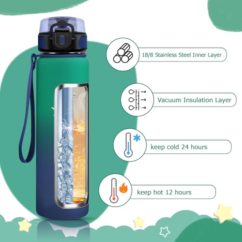 KollyKolla Trinkflasche Edelstahl 500ml, Thermosflasche, BPA-Frei Isolierflasche, Auslaufsicher Thermoskanne, Wasserflasche für Kinder, Schule, Sport, Sprudel, Fitness, Outdoor, Camping