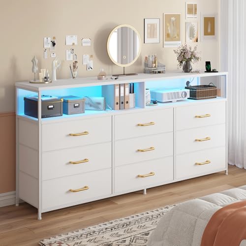 55 White Dresser with Power Outlet, LED Lights, and 9 Fabric Drawers for Bedroom