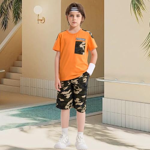 Image of LOLANTA Boy Summer Outfit Casual Clothes 2Pcs Cotton T-shirt Shorts Set | Kids Short Sleeve T-Shirt, Boy Camouflage Knee-length Shorts, Breathable Fashion Outfits, School Daily Matching Clothing Sets