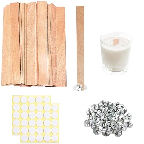 Visgaler 150 Pcs Thickned Wooden Candle Wicks. 5.1 X 0.5 X 0.06 Inch Upgrade Crackling Wooden Wicks, Long Lasting Smokeless Wood Wicks with Iron Standers, Wick Stickers, and Warning Labels- 50 Sets