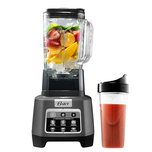 Oster Licuadora Profesional, XTREME MIX, Motor de 1500 W, Tecnología Reversible, Vaso de Vidrio 2 L, para Smoothie, Malteadas, Helado, Frappe, Mantequilla, Vaso Portátil Blend-N-Go, Gris, BLSTXPG-BGW