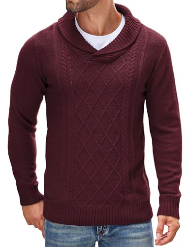 COOFANDY Men's Shawl Collar Sweaters V-Neck Relaxed Fit Cable Pullovers