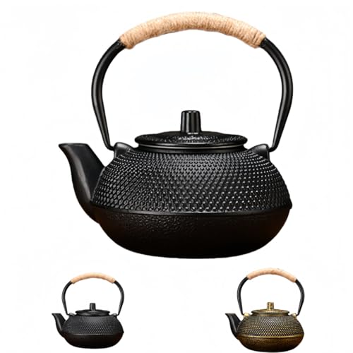 ShineLuxe鉄瓶 鉄器 南部鉄器 急須 やかん・ケトル ih直火 対応 鉄びん 茶こし付き おしゃれ 鉄分補給 ティーポット 伝統工芸品 贈り物 家庭用鉄ケトル 誕生日、結婚、 新築 、クリスマス、業務用 (ブラック,0.6L + フィルター)