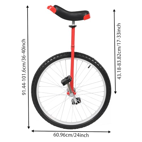 Unicycle Solid Color Unicycle with Steel Frame& Anti-Slip Leakproof Tire& Adjustable Height Curved PU Seat Exercise Bicycle for Beginner Outdoor Sports Entertainment Exercises (red, 24inch)