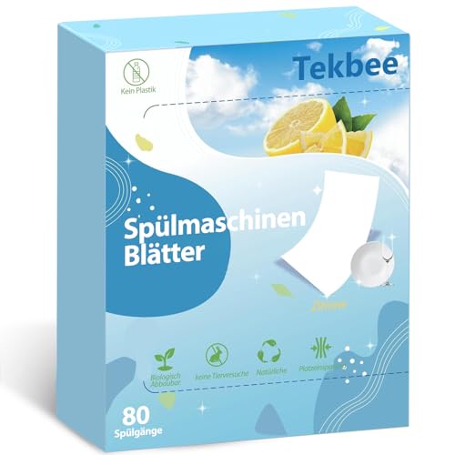 Tekbee Spülmaschinen Blätter 80 umweltfreundliche Spülgänge | Mit Protease-Enzymen gegen Eiweiß & Fett | Pflanzlich plastikfrei Zitronenfrischer Duft