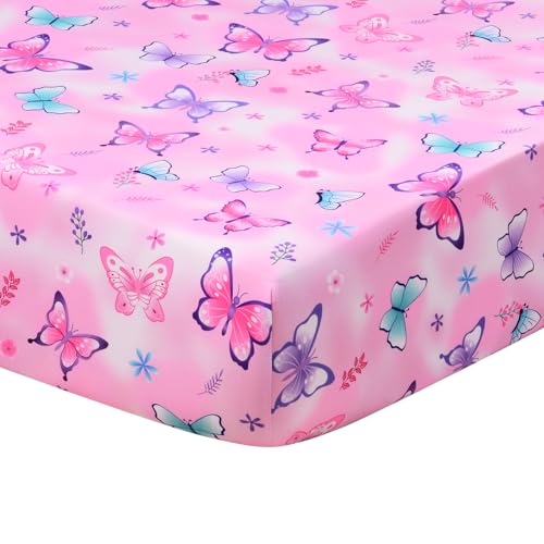 Image of JISEN Baby Crib Sheets Soft Breathable Butterfly Fitted Crib Sheets for Standard Crib and Toddler Mattress Baby Bed Sheets for Boys Girls Neutral 52x28 Inch Pink