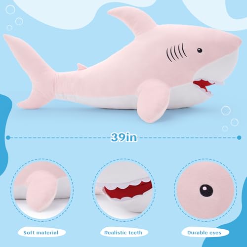 Image of MorisMos 39inch Giant Shark Stuffed Animal, Large Stuffed Shark Plush, Big Sharks Pillow Gift for Kids Girlfriend, Pink