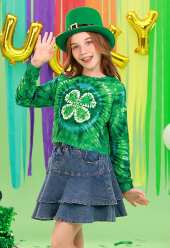 Image of Big Girl's St.Patrick's Lucky Irish Long Sleeve Crop Tops Shamrock Soft Funny Shirt Tie Dye 12 Years