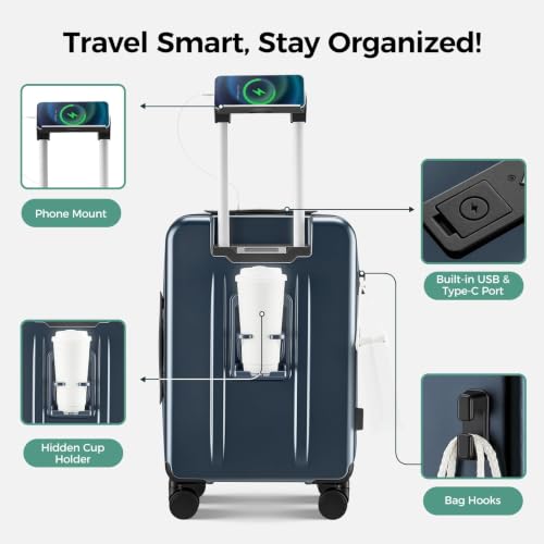 Image of Carry on Luggage Top opening Suitcases, Expandable with Cup&Phone Holder and USB Charging Port,Hardside with Front Pocket Rolling Suitcases with Spinner Wheels & YKK Zippers (Navy, 20 Inch)