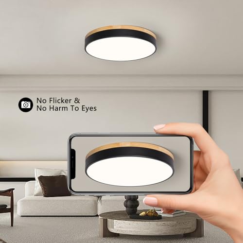 Image of Modern Wood Black Flush Mount Ceiling Light 15.75 Inch