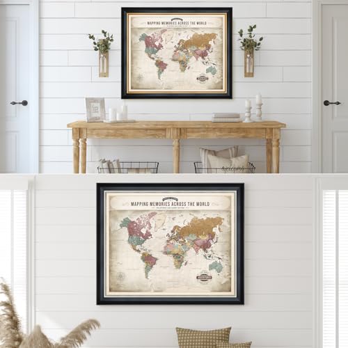 Image of DECORARTS - Personalized World Travel Map with Pins, Custom Name, Pin Board Canvas Wall Art, Soft Vintage Pastel World Decor, Optional Wood Frame, Giclee Print, Handcrafted in USA, 20x16''