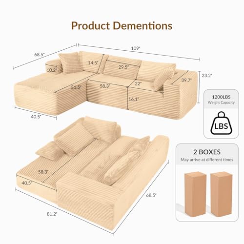 COMHOMA 105”Modular Sectional Sofa with Deep Seat,Cloud Upholstered L-Shape Couch Wide Arms Corduroy Fabric High-Density Foam Chaise Lounge for Living Room No Assembly Required - Image 3