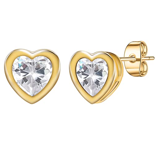 Heart Gold Stud Earrings For Women 14K Gold Plated Gold Cute Earrings Crystal Fake Diamond Dainty Fashion Small Trendy Hypoallergenic Jewelry Gifts For Teen Girls #TOP11