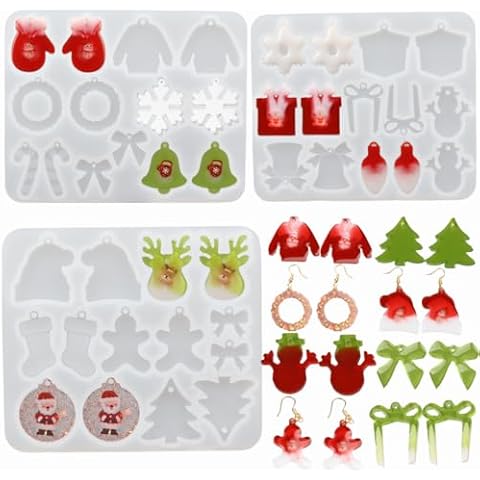 FYJS 3pcs Christmas Resin Earrings Mold,Christmas Pendant Mold,Jewelry Resin Mold,Round Keychain Silicone Molds for Epoxy Resin Cover