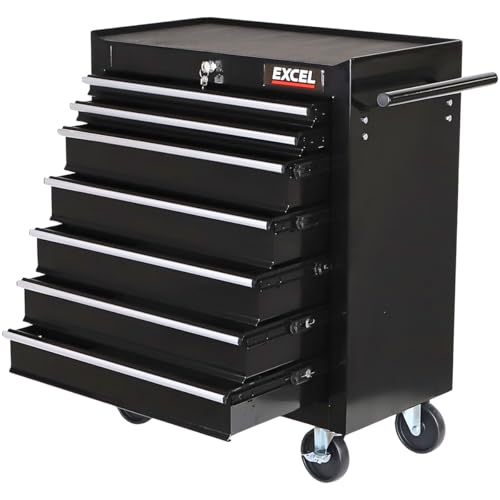 Excel Tool Chest with 7 Drawers Lock and Non-Slip Mats Made with Powder Coated Steel & Rust-resistant Ball Bearing Slides and 4 Wheels with Brakes. Durable Rolling Storage for Workshops.