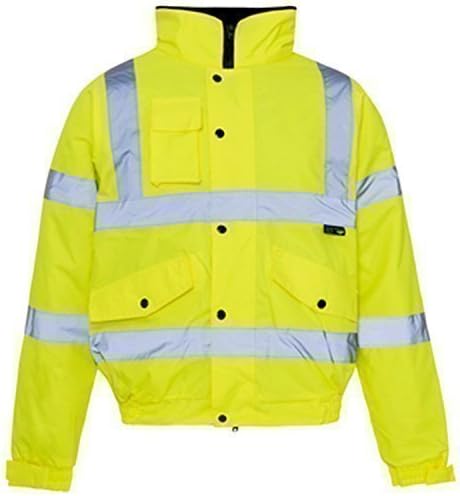Mountain PassHi Viz Bomber Reflective Tape Waterproof Quilted Work Jacket Coat High Vis Safety Workwear Security Road Works Concealed Hood Fluorescent Flashing EN471 Yellow Medium