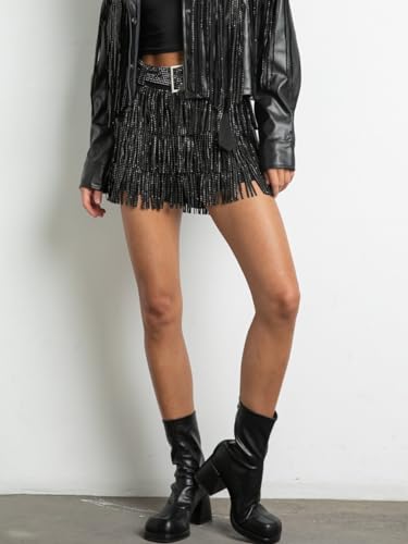 Womens Sparkle Rhinestone Fringe Shorts Pants Elastic Band Skort Western Cowgirl Mini Skirt Built-in Short3