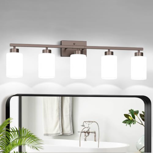 Image of IZORRO Bathroom Light Fixtures, Modern Vanity Lights, Bathroom Lighting Fixtures Over Mirror with Milky White Shade, Wall Sconce for Living Room Cabinet Bedroom (Oil Rubbed Bronze, 5-Light)