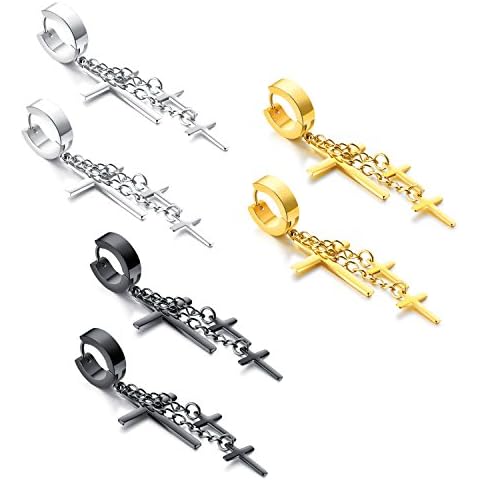 UM Jewellery Hip Hop Men Women Stainless Steel Dangle Cross Huggie Hinged Hoop Earrings,3 Pair a Set Cover