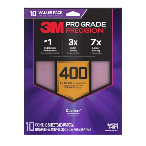 3M Pro Grade Precision Sanding Sheets with No-Slip Grip, 9 x 11 in, 400 Grit, 10-Pack (SHR400-PGP-10T)
