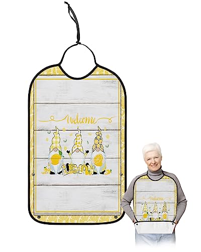 LEOKOTI Summer Lemon Gnomes Adult Bibs for Eating, Waterproof Bibs with Food Catcher & Adjustable Snap Closure, Farmhouse Yellow Lace Wood Washable Clothing Protectors Adult Bibs for Elderly Women/Men
