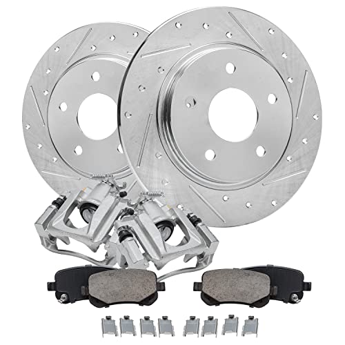 Image of Detroit Axle - Rear Brake Kit for Chrysler Town&Country Dodge Grand Caravan | VW Routan, Drilled Slotted Brake Rotors Brake Calipers Ceramic Brake Pads Replacement 12 inch inch Rear Rotor