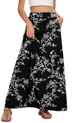 Image of Womens Maxi A-line Long Skirt Casual 2026 Elastic High Waist Flowy Skirts with Pockets