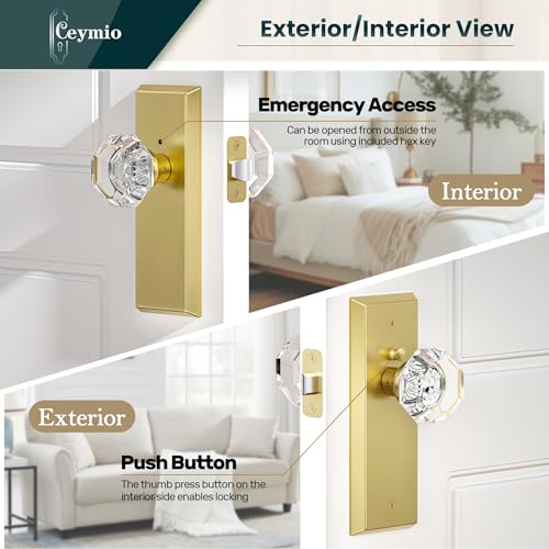 Image of Glass Door Knobs for Interior Doors - Vintage Crystal Privacy Bedroom & Bathroom Door Knob with Lock - Diamond Cut Door Handle - Brushed Gold Finish (1 Pack)