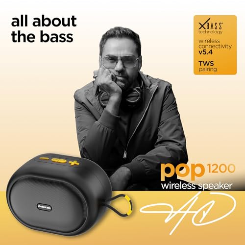 Image of Dubstep Pop 1200 Portable Bluetooth Speaker | 12W Loud Sound, Deep Bass with XBASS, 16 Hrs Playtime, TWS Stereo Pairing, 52mm Driver, Splash-Resistant, Carry Strap (Black)