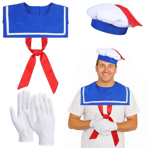 Tellingyou 3 Pcs Halloween Giant Colossal Sailor Candy Specter Monster Costume Accessories Sailor Uniform Set Hat Gloves Collar with Tie for Adults Cosplay Party