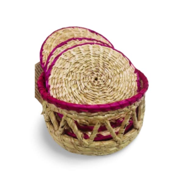Image of Saras Aajeevika 6 Pc Set of Handmade Wooden Round Curved Coaster /Coster with Brass Kettle Shape Holder for Kitchen Decor Hot Pots, Tea Cups, Coffee Mugs, Glasses Coaster Sets (Design 7)
