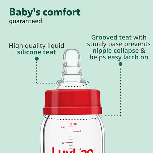 Image of LuvLap Natura Flo Wide Neck Glass Feeding Bottle, New Born /Infants /Toddler Upto 3 Years, BPA Free, Ergonomic Shape is Easy to Hold, with Anti Colic Nipple, Pack of 10, 150ml