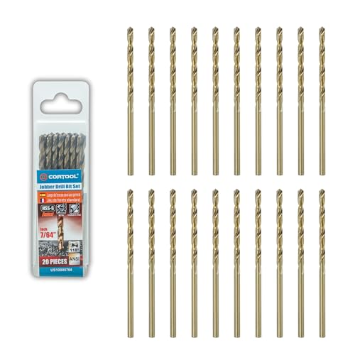 CORTOOL 7/64 inch Cobalt Drill Bits (20Pcs) M35 HSS Metal Jobber Length Twist Drill Bit Set for Hard Metal Stainless Steel Iron Copper Aluminium Brass Plastic & Wood