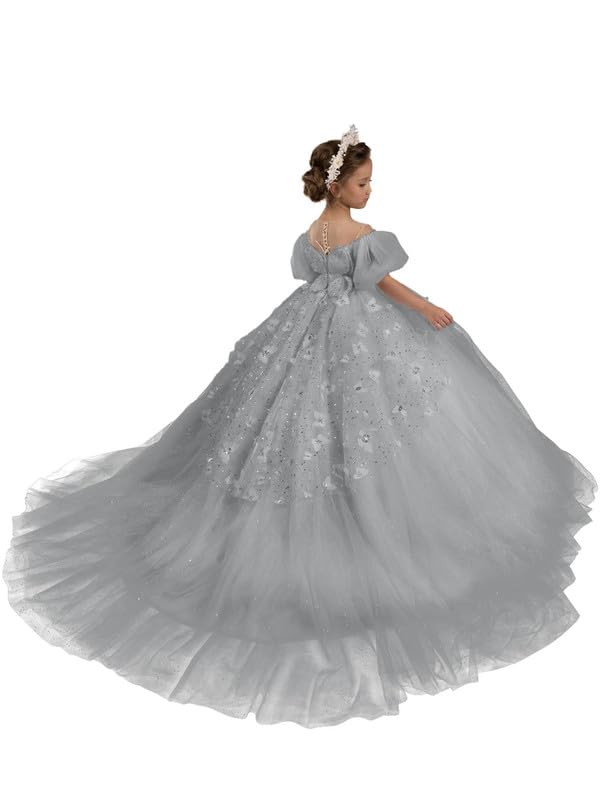 Sequins Flower Girls Dress Puff Sleeve Pageant Butterfly Wedding Party Prom Formal Gowns