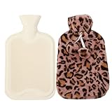 Bouillotte de 2 l avec housse fourrure tricote,sac d'eau PVC,sac de chaleur,bouillotte avec housse pour rtention de la chaleur,soulagement de la douleur,chauffe mains,rose lopard