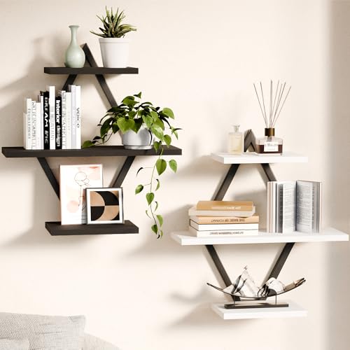 Image of Floating Shelves, Wall Shelf Set of 2, Wall Mounted Shelves, 3-Tier Hanging Wall Shelves for Bathroom, Living Room, Bedroom, Kitchen, Office (Black & White)