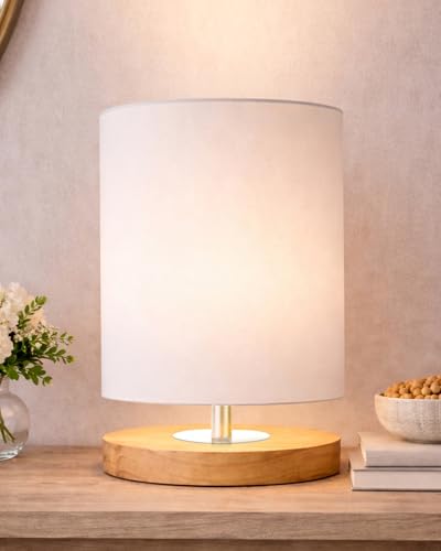 Image of Homesake Small Pine LED Table Lamp-Wooden Bedside Lamp Simple Bedroom Light Linen Shade Mini Desk Lamp Nightstand Lamps for Bedroom, Living Room, Gift, (Clip Off-White Shade)