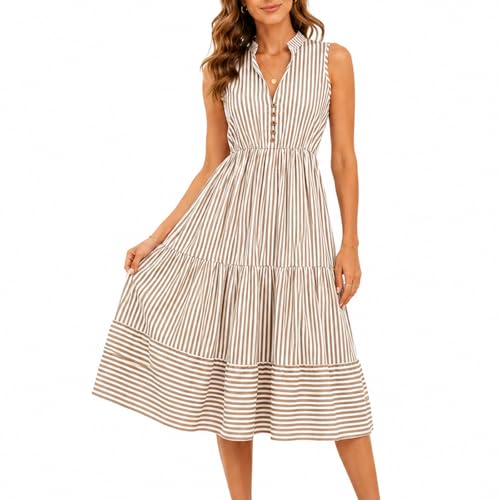 Image of BROVAVE Womens 2026 Summer Sleeveless Shirt Dress Collar Striped V Neck Casual Midi Dresses