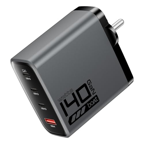 Image of boAt 140W GaN Charger with 140W Fast Charging, PD 3.1, PPS & QC 3.0 Support, 4 Charging Ports (3X Type-C & 1x USB-A), GaN Chip Technology, Smart Power Distribution, Compact & Lightweight (Ash Grey)