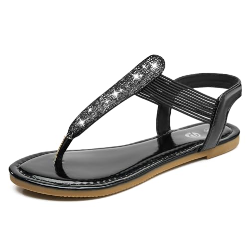 Rekayla Flat Sandals - Sparkling Elastic Strappy Thong Ankle Strap Sandals for Women