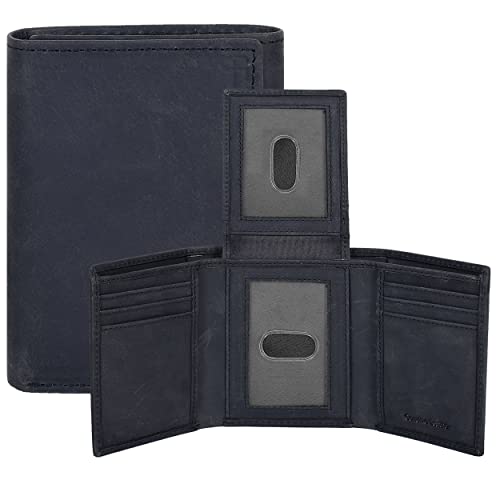 Image of Real Leather Mens Trifold Wallet RFID Blocking Slim Minimalist Front Pocket - Thin & Stylish with ID Window in Gift Box, Pebble Black, Trifold